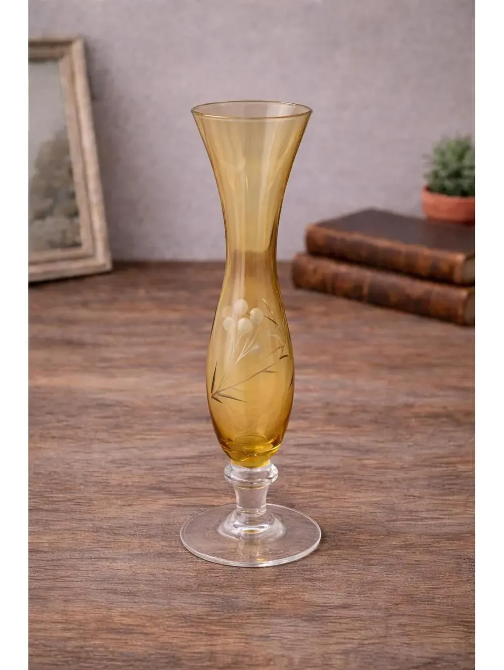 Vintage HTC Amber Cut Glass Etched Decorative Vase w/ Original Sticker